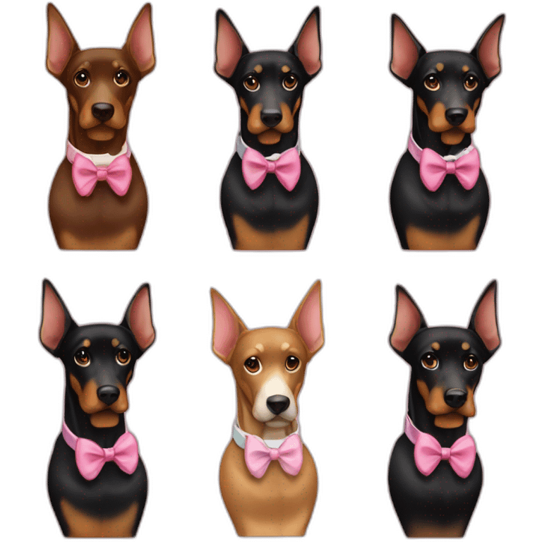 3-dobermans-including-a-white-one-with-a-pink-bow-tie-on-the-neck,-a-black-one-and-a-brown-one emoji