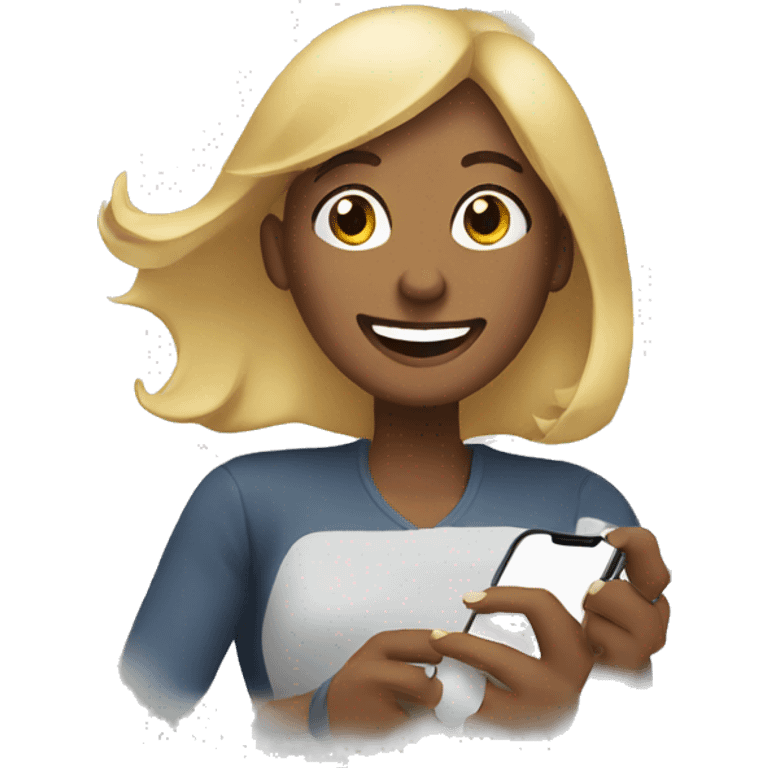 woman smiling and showing her phone emoji