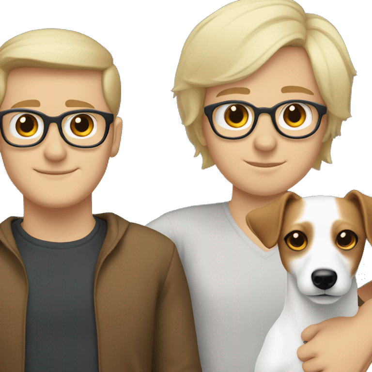 White blonde girl and a white brown hair men with glasses, both cuddling a jack Russell emoji