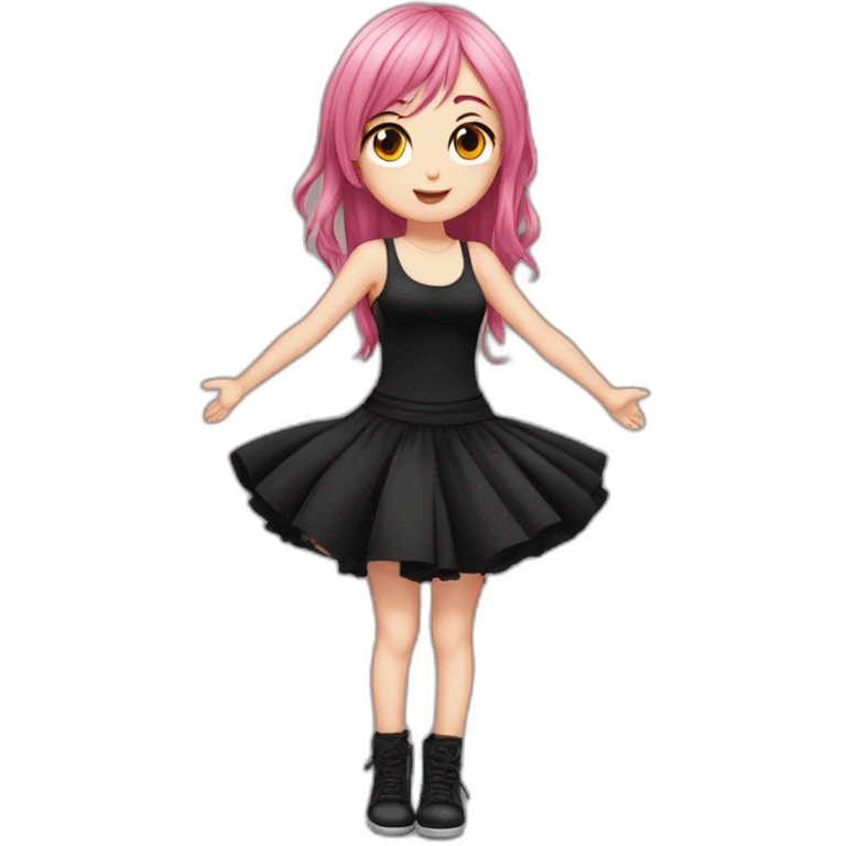 Full body Front view curvy emo girl pink hair sits on the floor straight view hands up black skirt полосатые рваные чулки emoji