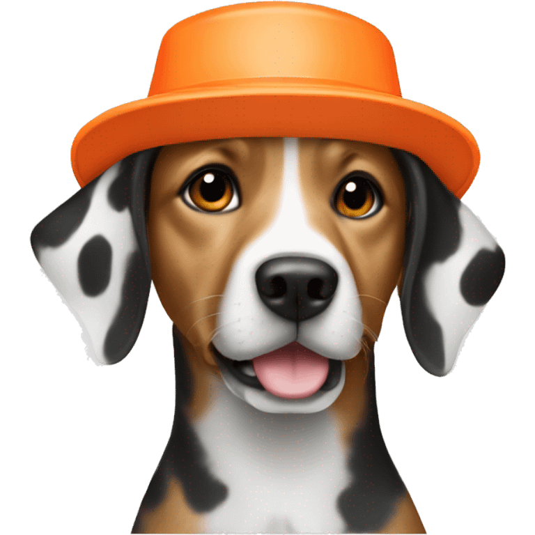 Dog with white and black spots wearing orange bucket hat emoji