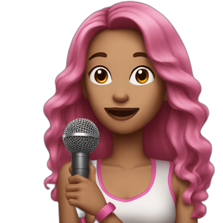 woman with long brown hair and pink highlights, with a microphone singing emoji