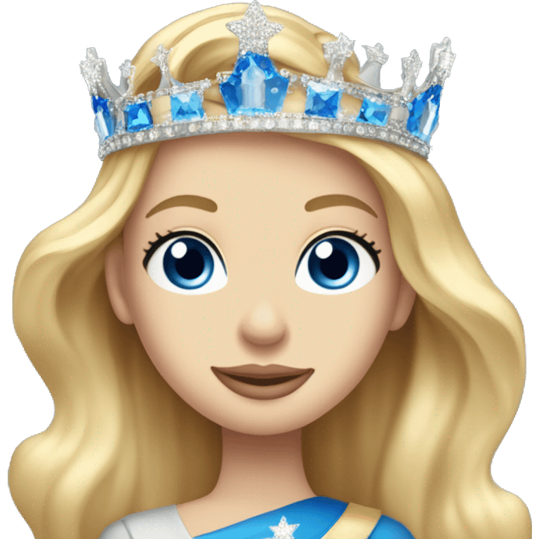 Long blonde hair blue eyed beauty queen with crown on and sash that says American united miss preteen emoji