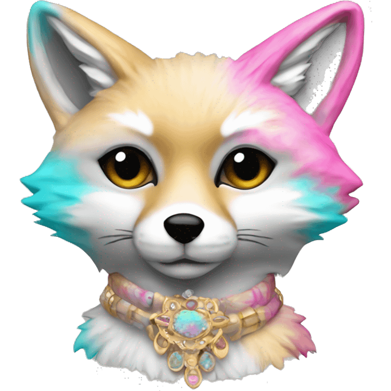 Faded Tie dye beige gray fox in pink cyan gray black beige gold jewellery emoji