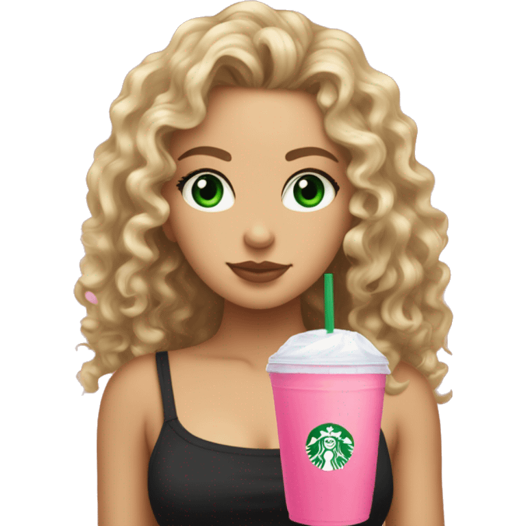 a slightly tan but white girl with curly wavy hair and green eyes wearing a black tube top holding a starbucks pink lemonade facing forward aesthetic  emoji