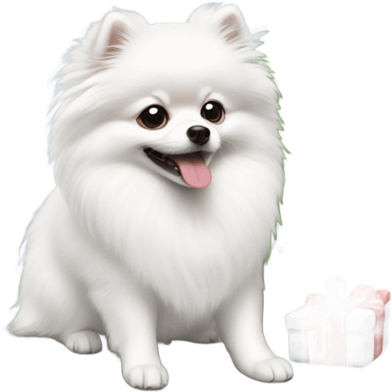 White Pomeranian with Christmas tree emoji