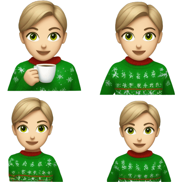 Light brown short haired girl with green eyes drinking coffee wearing blue Christmas sweater emoji