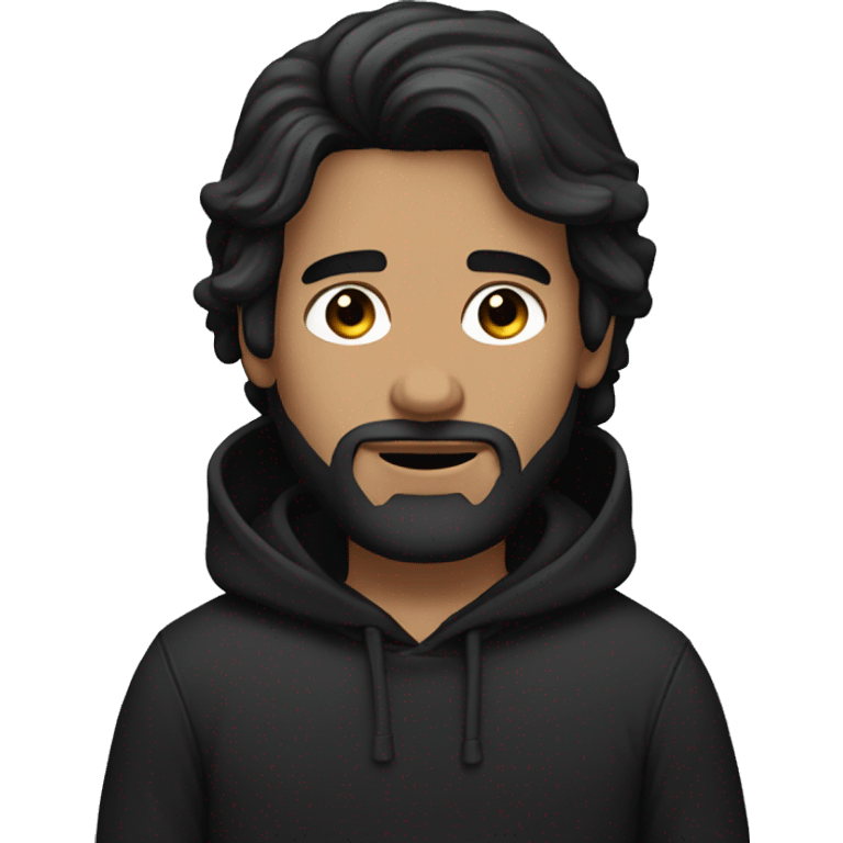 Bearded white guy with medium-length black hair wearing a black hoodie emoji