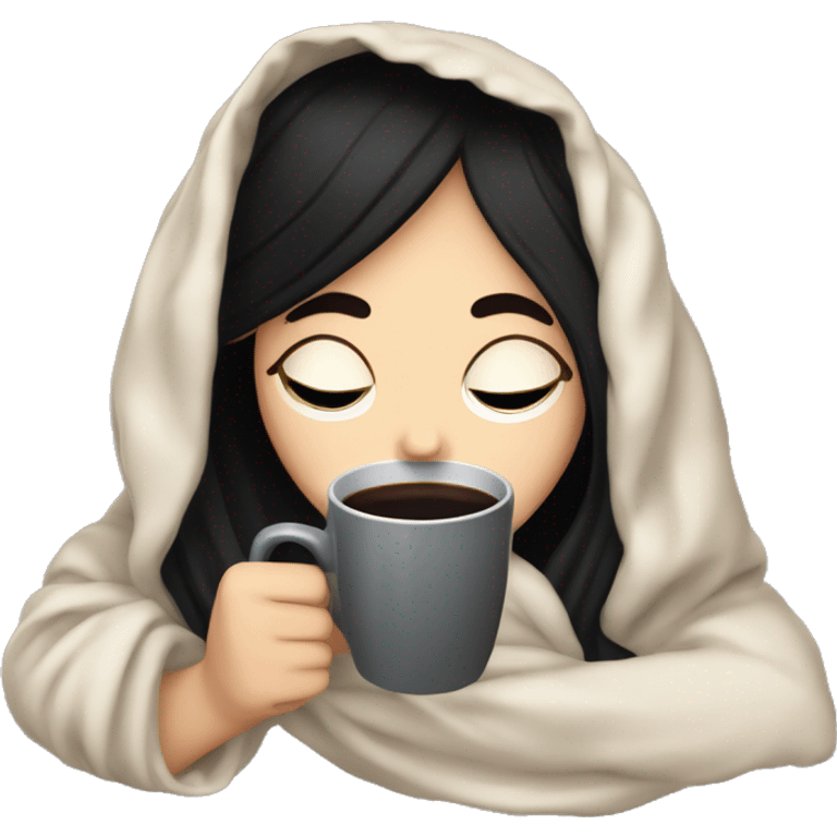 white girl with black hair inside a blanket sipping coffee eyes closed emoji