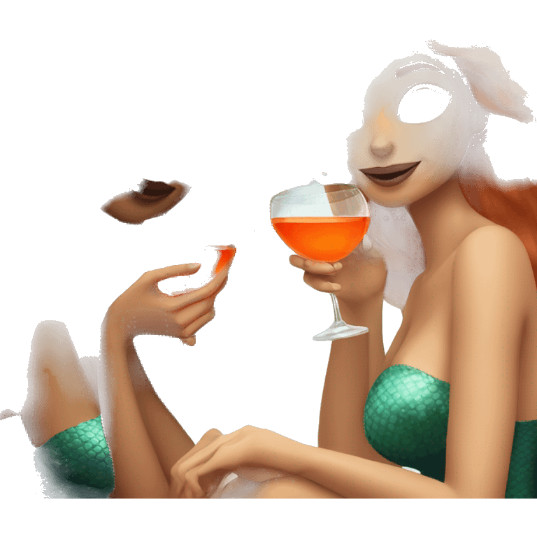 Three beautiful mermaids (light skin) drinking aperol emoji