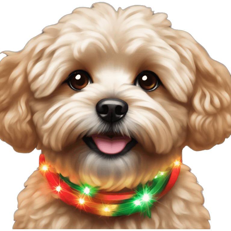 Red maltipoo with Christmas lights decorated around its neck emoji