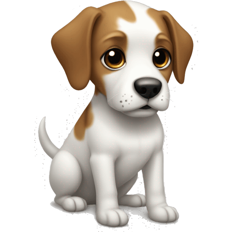 a dog with a black-brown muzzle, completely white paws and body, and a small black spot on the left side of the body emoji