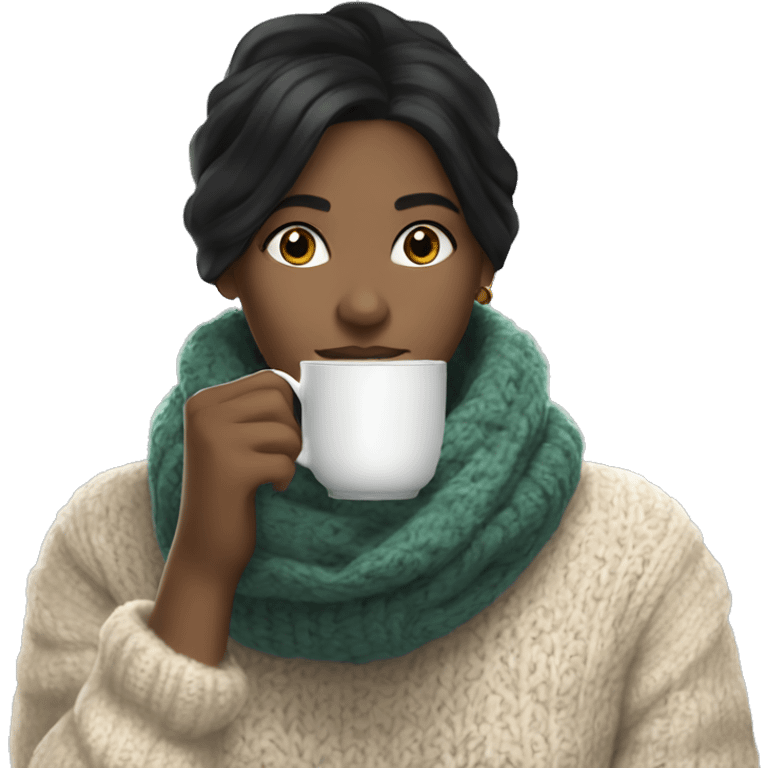 White girl black hair in a sweater and scarf sipping tea  emoji