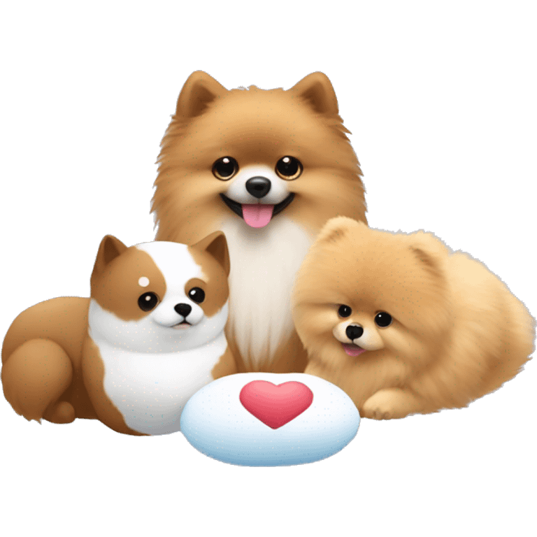 Little teddy with a heart pillow next to a Pomeranian and a snowman  emoji