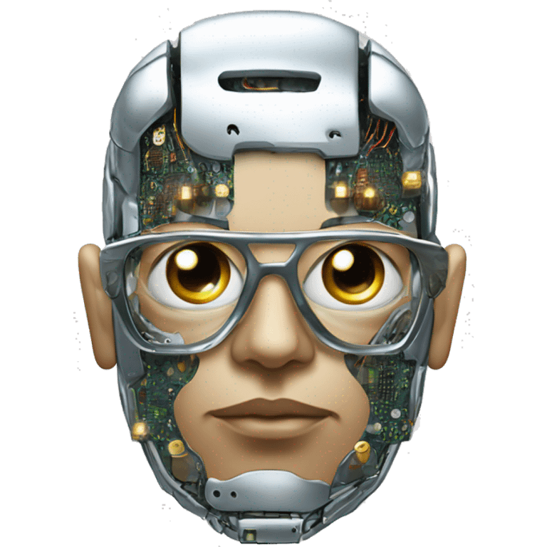 Male cyborg head with metallic plated face, flat top, glasses and circuits emoji