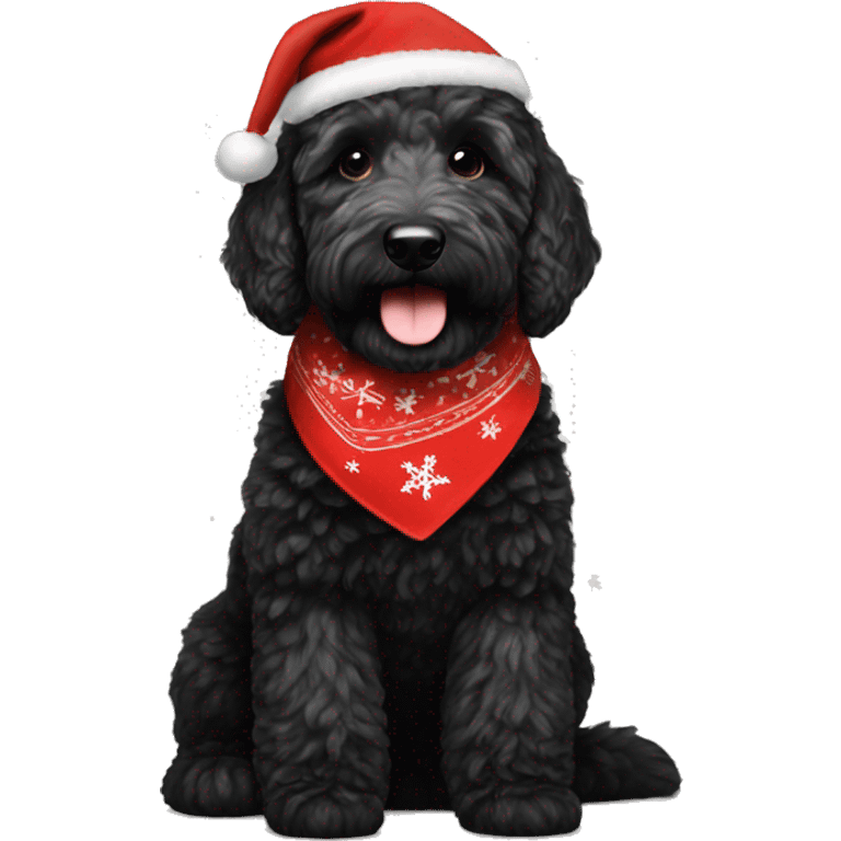 Black golden doodle wearing a Christmas bandana emoji