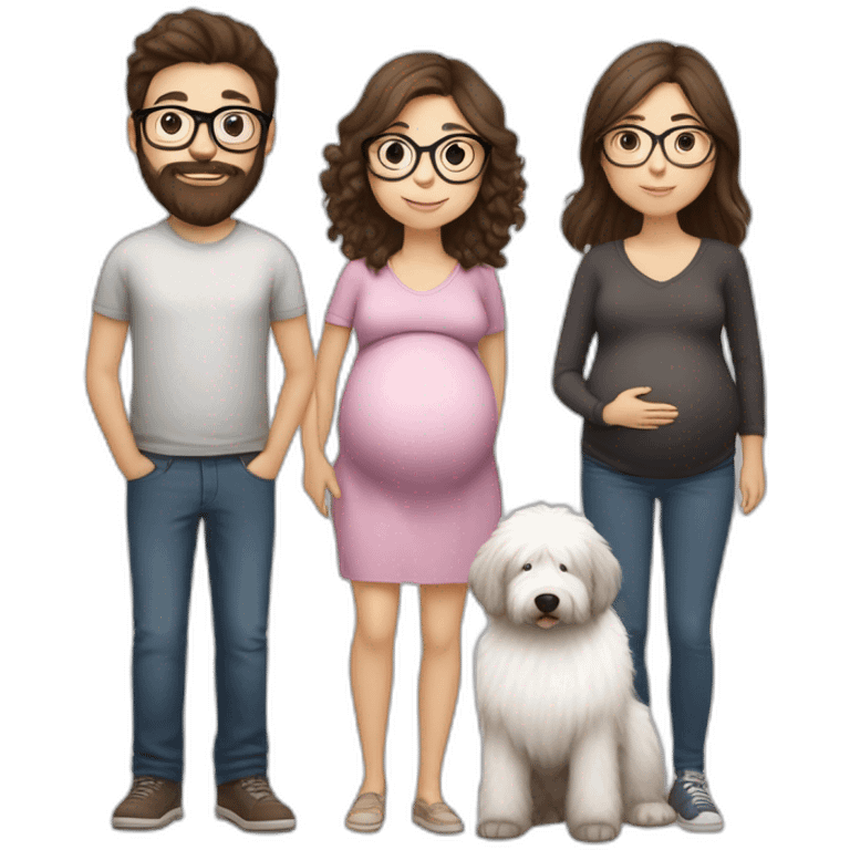 Pregnant girl with half long brown hair with glasses, a boy with long beard, glasses and short hair and english sheepdog emoji