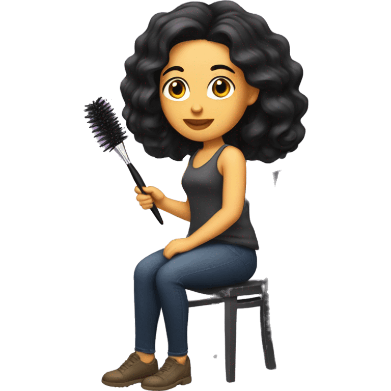 a white woman with black wavy hair sitting on a hair and holding a makeup brush emoji