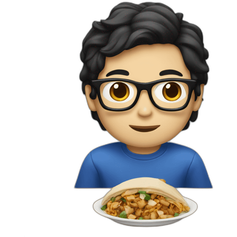 White Boy with chinese black hair wearing blue glasses eating shawarma emoji