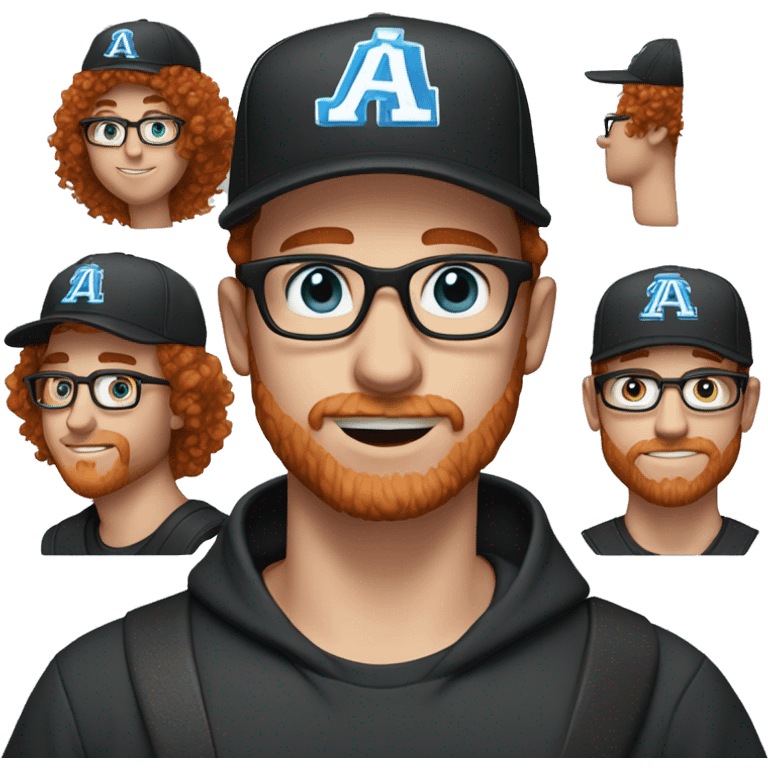 30 years old, male, red hair, curly hair, glasses, black baseball hat, blue eyes, pale complexion, stubble facial hair emoji