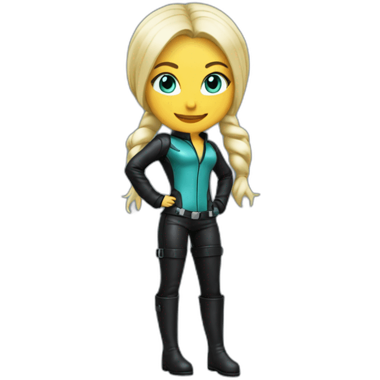 1 girl, leather suit, latex legwear, leather skirt, platinum blonde hair, ponytail, smirk, aqua eyes, leather boots emoji