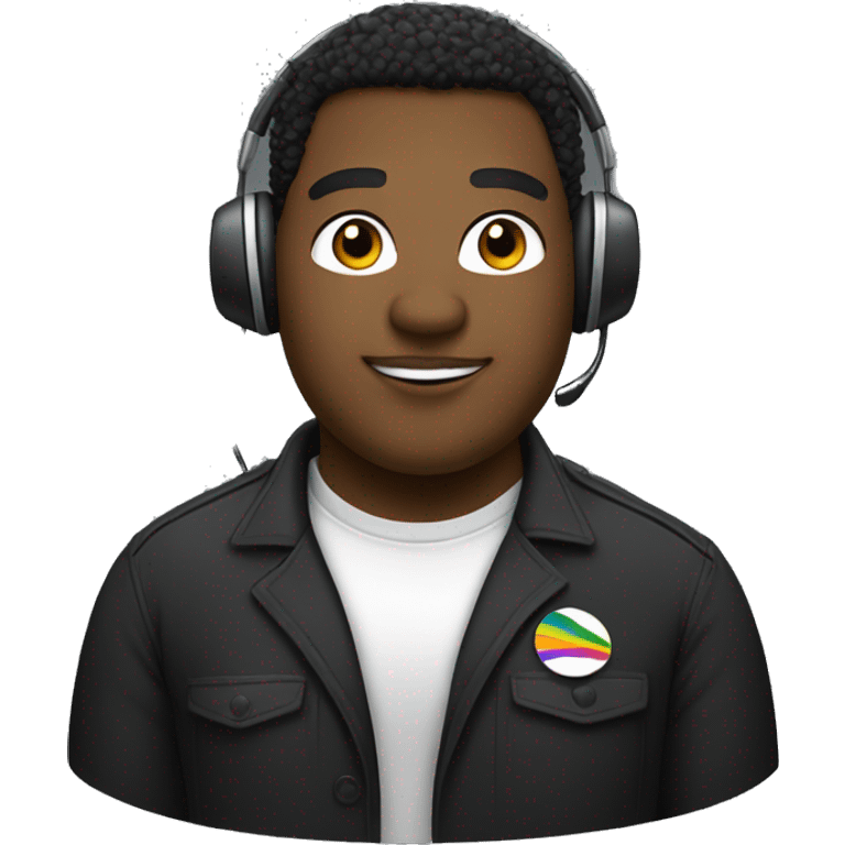 A black gay chubby guy, using a badge with his name who is Gustavo, he uses a telemarketing headphone and a black tshirt  emoji