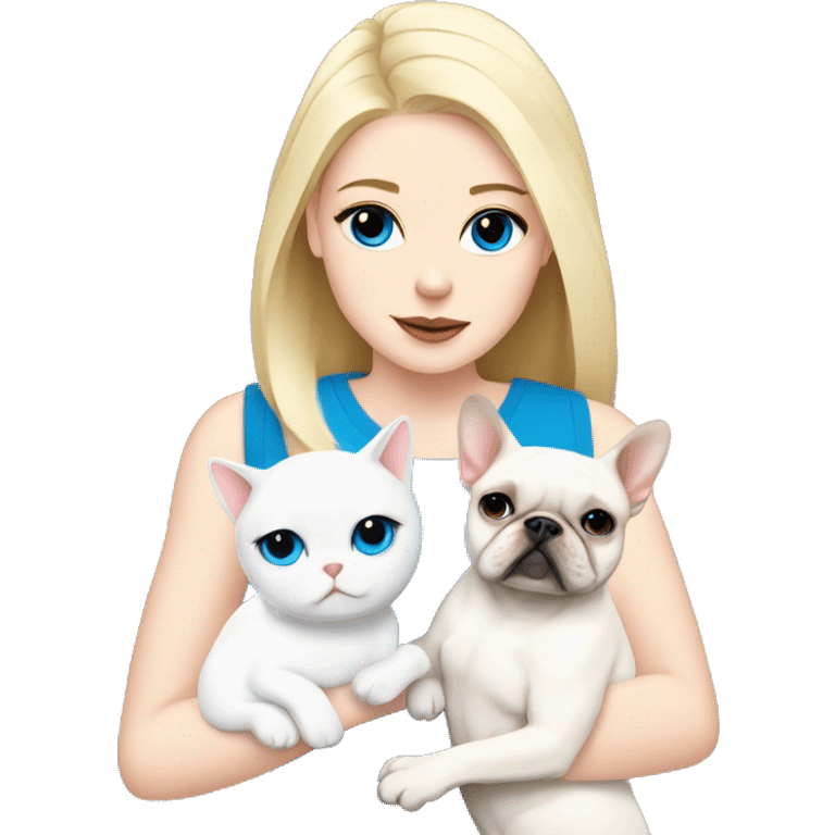 Blonde girl with blue eyes holds White French bulldog and a white cat emoji