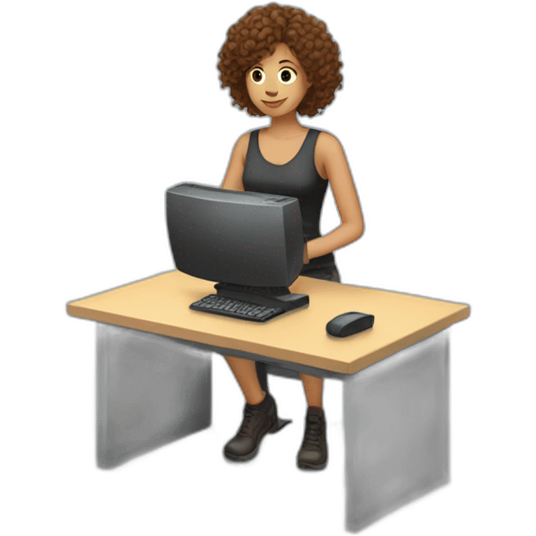 Woman with curly brown hair plays computer tanki emoji