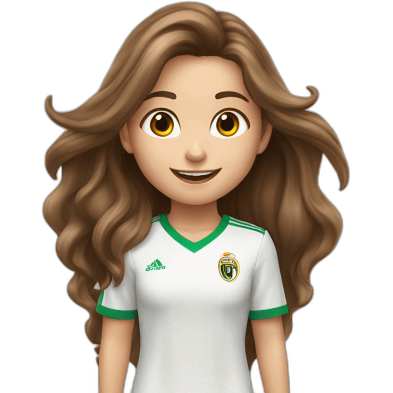 Caucasian girl with long Brown hair doing cr7 celebration as stores a gol emoji