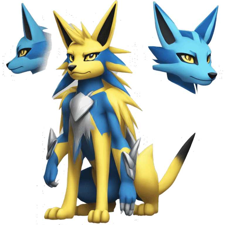 Yellow Anthro Edgy Cool Sonic-Zeraora-Anubis-Renamon-Jolteon-Pokémon-Fakémon with shiny blue markings Full Body Detailed High Quality  emoji