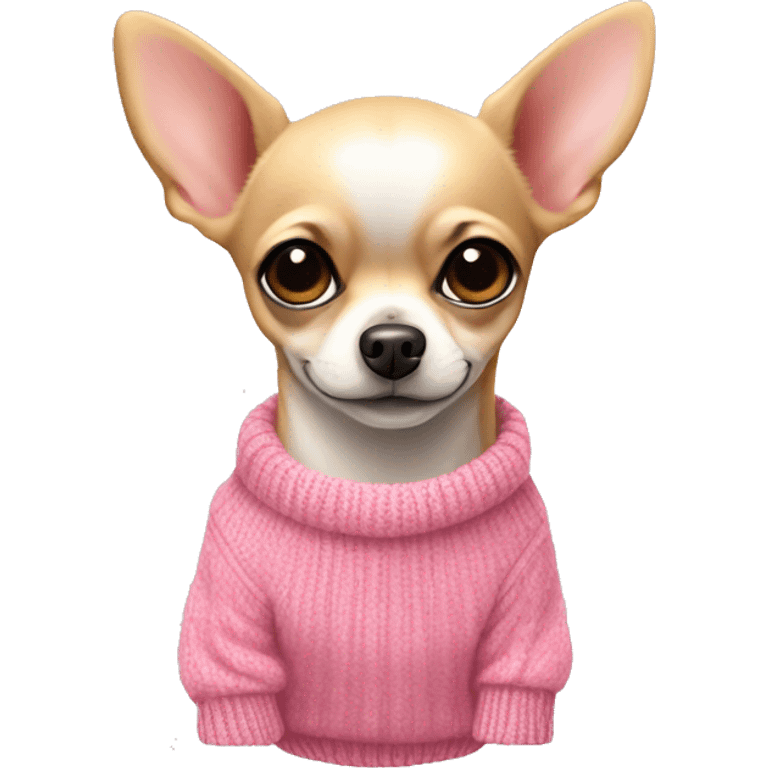 Beige small and cute Chihuahua dog in a pink sweater with  emoji