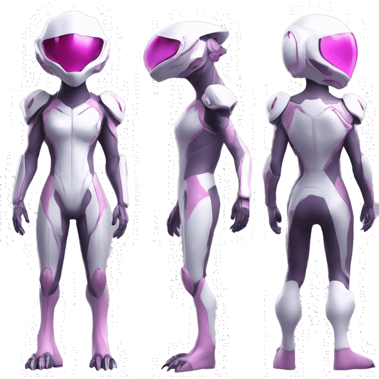 White Lizard-Reptile-Raptor-Alien-Genesect-Mewtwo-Fakémon, with pink eyes, with a futuristic visor-helmet, wearing a techwear-suit, Full Body emoji