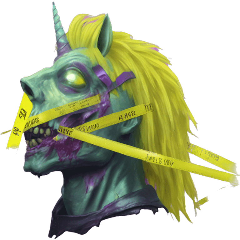 .Zombie_ Vaporwave black holographic oilslick zombie unicorn yellow caution tape and a vinyl emoji