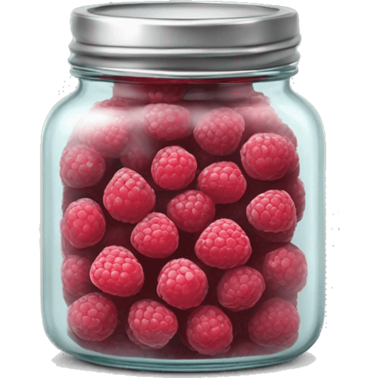 Realistic glass jar with silver metallic lid filled with raspberries inside of it. emoji