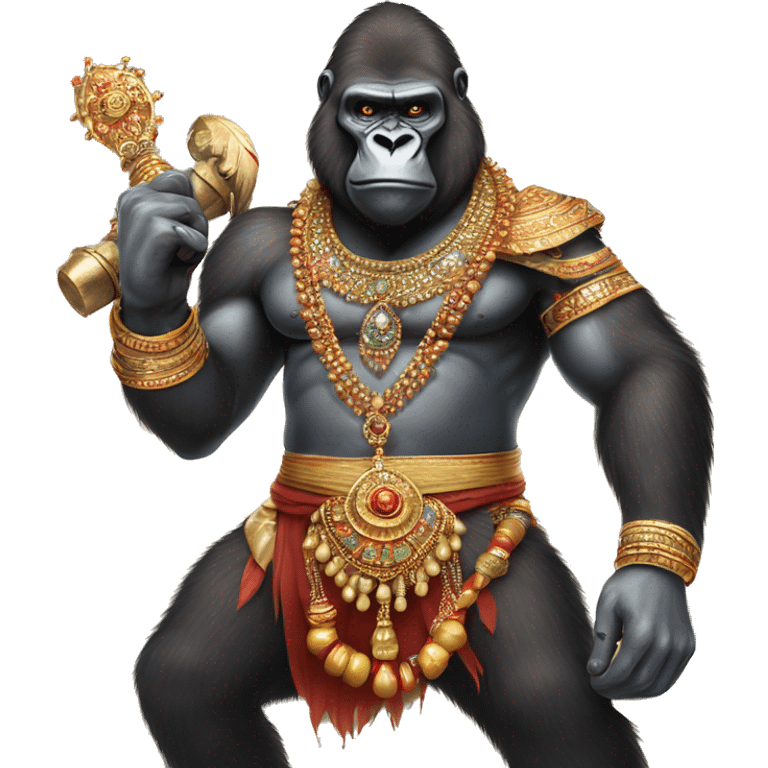 male gorilla with indian male jewellery and  indian traditional wear, holding a  huge weapon, humanoid,  emoji