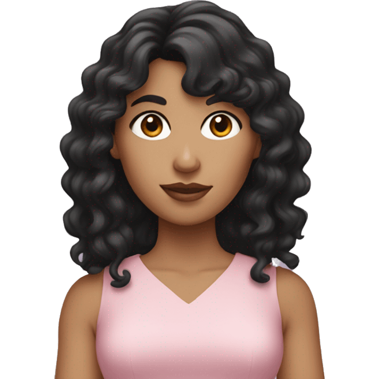 White woman with long black curly hair and bangs and dark brown eyes, wearing a pastel pink dress emoji