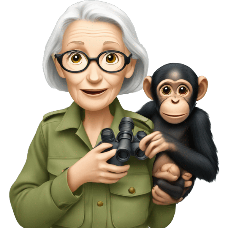 Jane Goodall with binoculars and a baby chimpanzee emoji