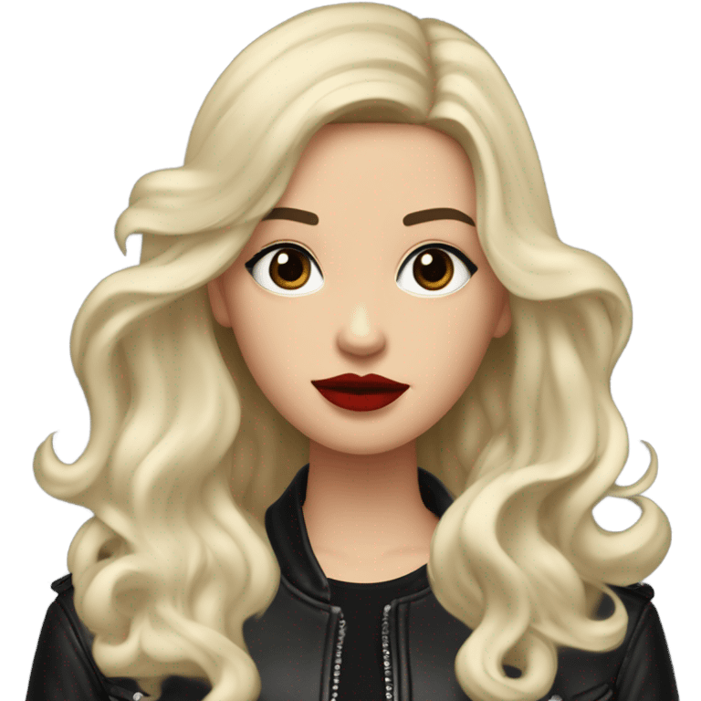 White girl, with long wavy black hair, with red lipstick, black winged eyeliner, wearing black shirt and black leather jacket shrugging her shoulders in a gesture that says “I don’t know” emoji