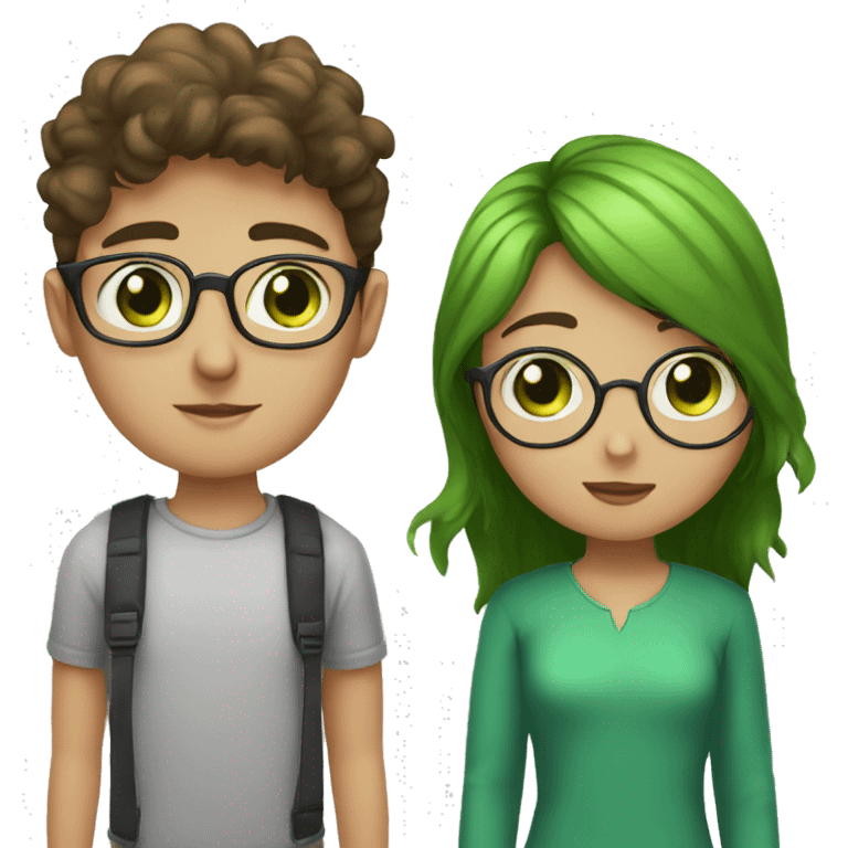 A heavy set boy with brown hair blue eyes and a mustache is kissing a green haired girl who is thin with green eyes and wearing glasses emoji