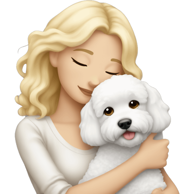 blonde girl cuddling with bichon frise dog emoji emoji