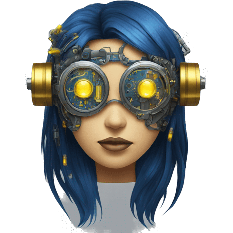 Dark blue long hair female cyborg head with yellow steampunk goggles and circuits emoji