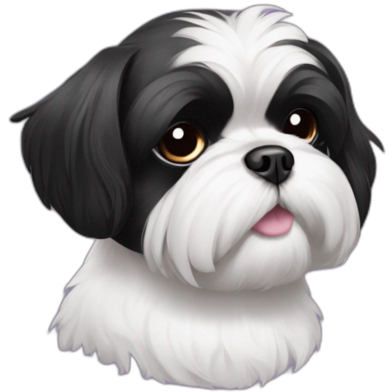 half face black and half white shihtzu dog wearing a bun and a pueple collar emoji