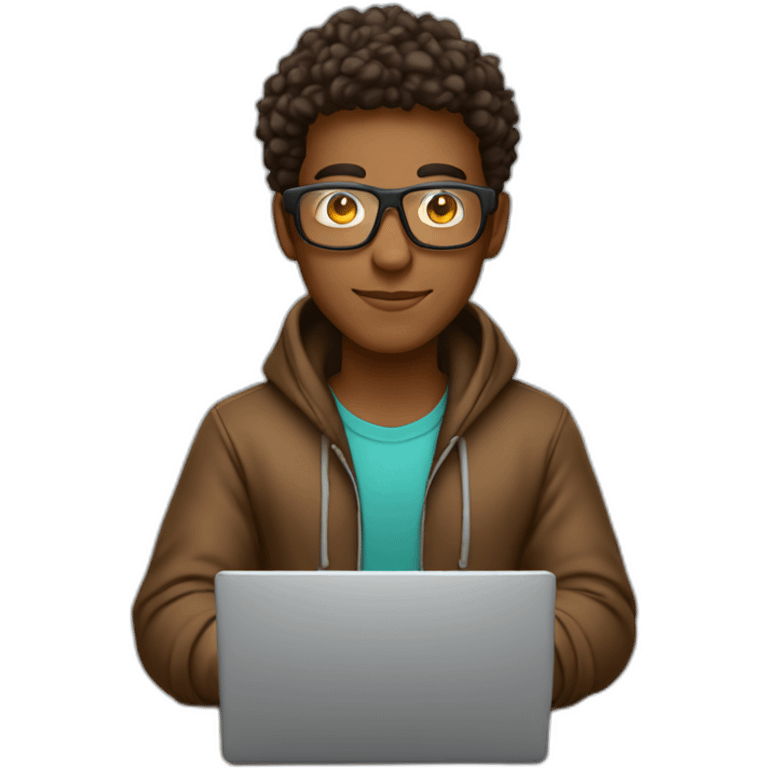 Brazilian guy brown skin with hoodie and glass working on a laptop he is a developer emoji