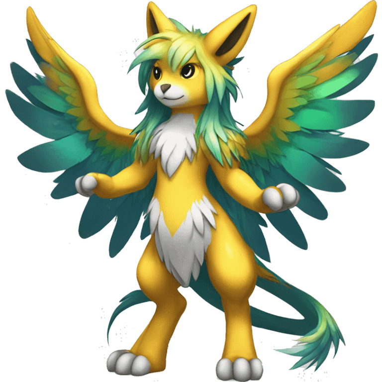 Anthro Sona Cool Edgy Cute Legendary Colorful Shy Winged Shiny Fakemon-Fantasy-Creature With Long Hair-Mane Full Body Detailed High Quality emoji