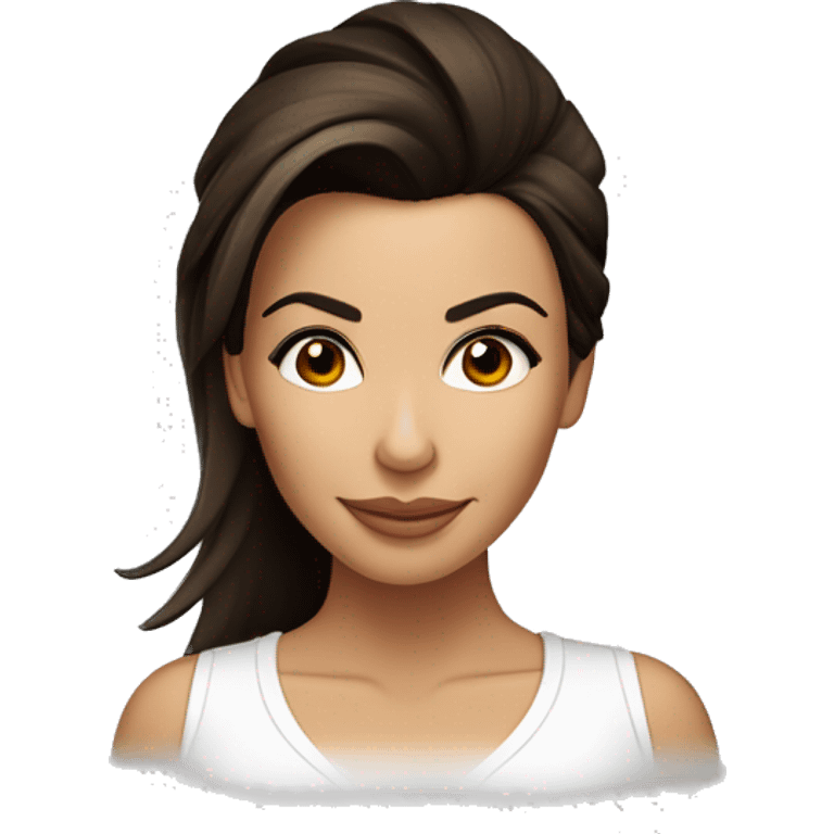 3/4 face, contrasted, shadow, light, Eva Longoria expression, wink, thin nose, brunette woman, hazel eyes, long eyelashes, dark shoulder shaded hair, white t-shirt emoji