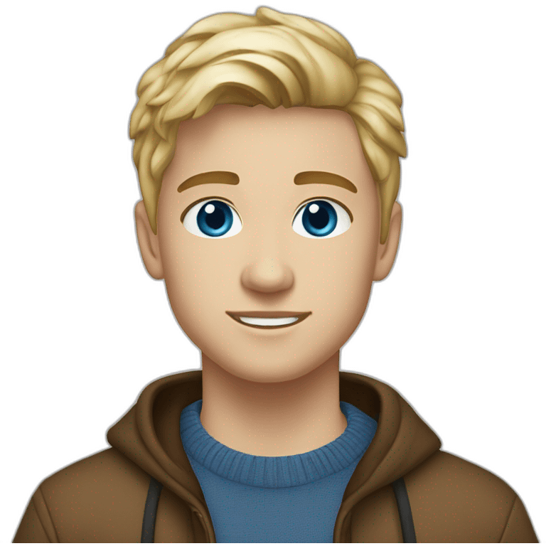 boy, blonde hair in middle parting, 22 years old, blue eyes, brown wool pullover, blue jeans, white low sneaker emoji