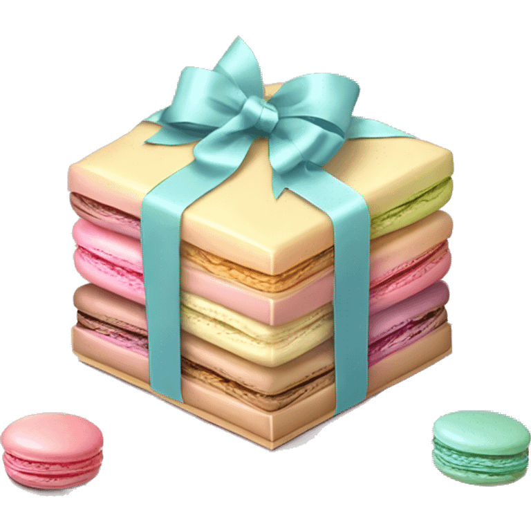 Realistic flat transparent box of pastel macaron cookies with ribbon bow tied around the box. emoji