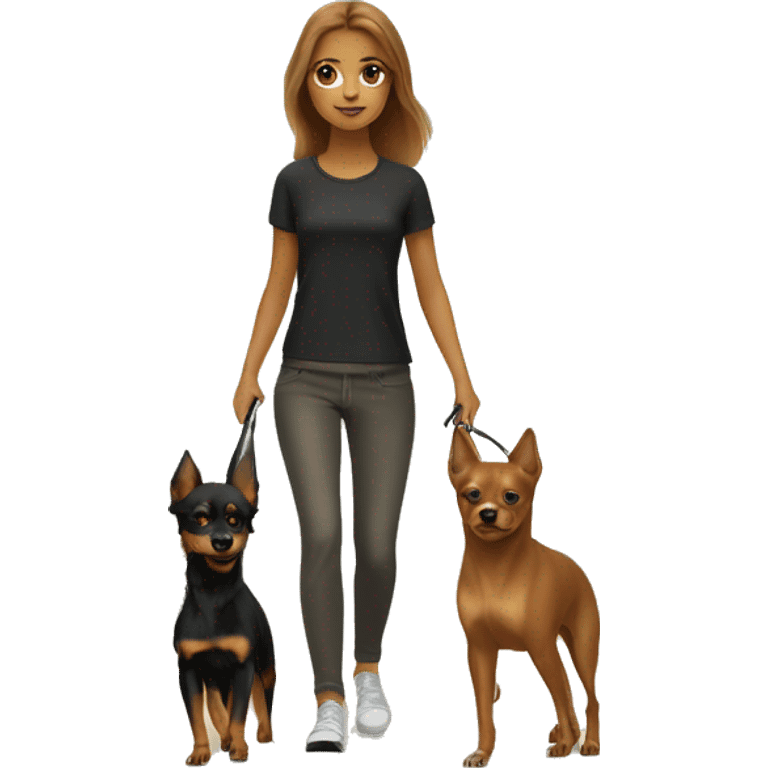 A light brown haired girl, walking one mini black and tan miniature Pinscher and one very big, fluffy & light brown Spitz on the lead emoji