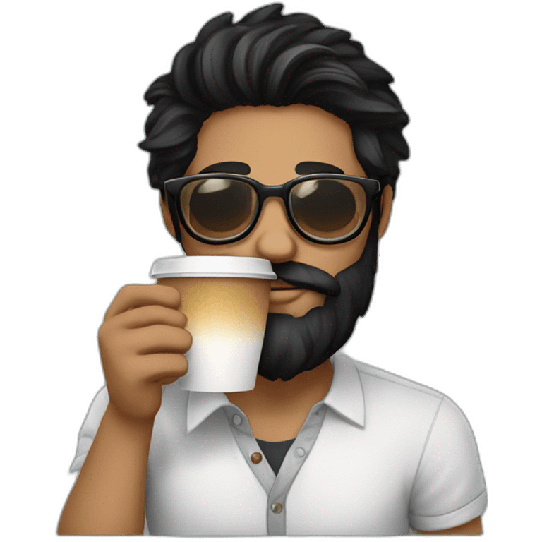 Hipster with black hair, beard and glasses drinking cappuccino   emoji