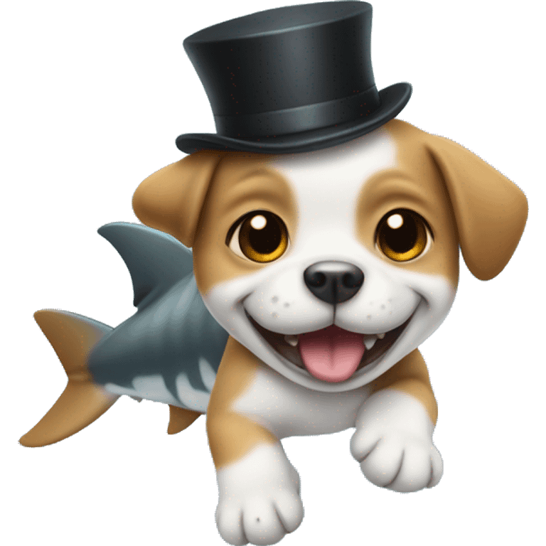 Puppy wearing a top hat riding a shark emoji